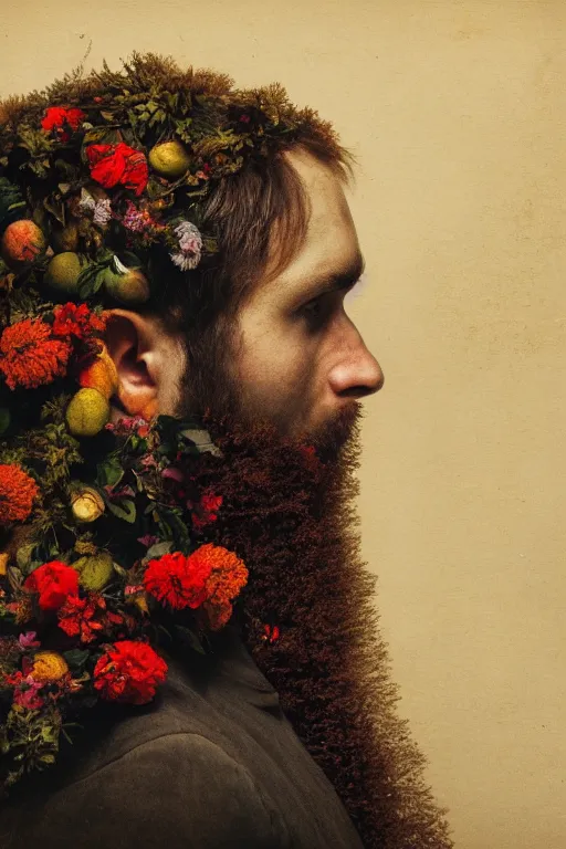 Prompt: a young man's face in profile, long beard, made of flowers and fruit, in the style of the Dutch masters and Gregory crewdson, dark and moody