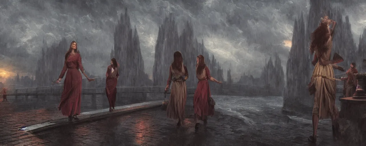 Prompt: Yong women standing on the bridge in stormy night, beautiful dynamic lighting, cinematic, wide angle establishing shot, extremely high detail, photo realistic, cinematic lighting, post processed, concept art, artstation, matte painting, style by frederic church, raphael lacoste, unreal engine 8k