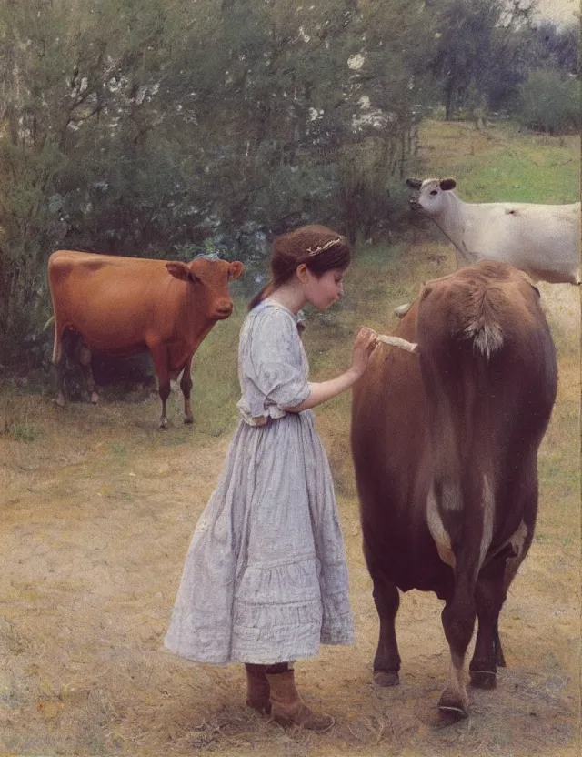 Prompt: portrait of peasant girl petting a cow on a farm, cottage core, polaroid photo bleached vintage pastel colors high - key lighting, soft lights, foggy, by steve hanks, by lisa yuskavage, by serov valentin, by tarkovsky, 8 k render, detailed, oil on canvas