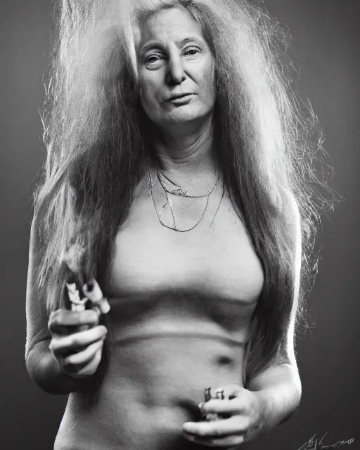 Prompt: donald trump with hippie hair, hippie clothes, smoking cannabis, photorealistic photographed in the style of annie leibovitz, studio lighting