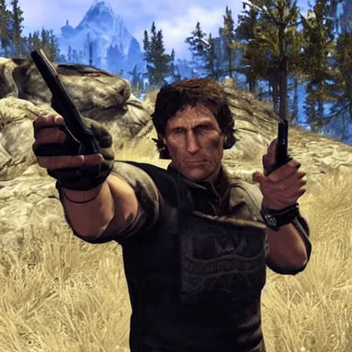 Image similar to todd howard pointing a gun towards the camera and forcing you to buy skyrim, threatening, sharp, cinematic, colorful,