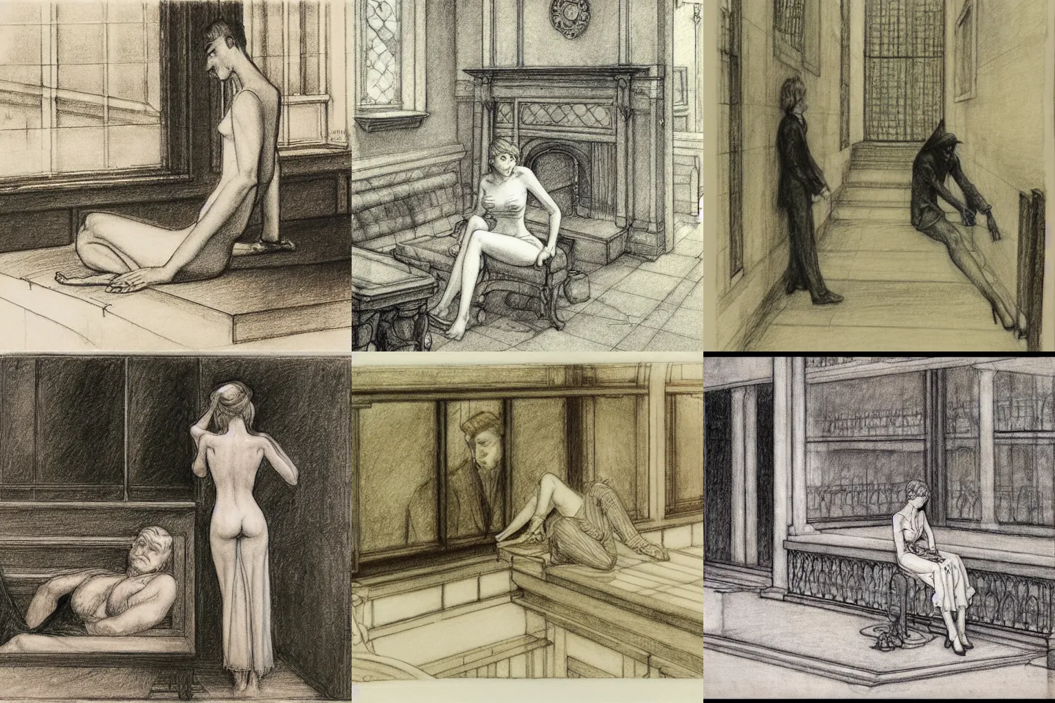 Prompt: law and lawlessness. pencil drawing by edward hopper, arthur rackham and milo manara