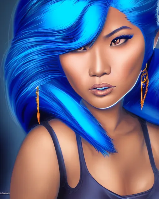 Image similar to welcoming heavy filipina woman character portrait, by don bluth, electric blue hair, wearing dark - blue, sci - fi environment, highly detailed, dynamic shadows, 4 k, wallpaper - 1 0 2 4