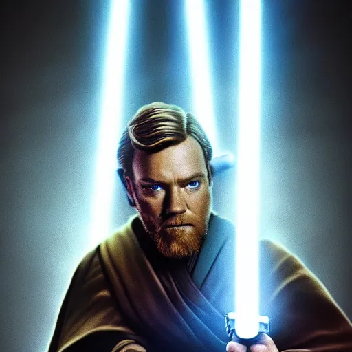 Prompt: obi-wan kenobi holding a lightsaber, star wars, ewan mcgregor, high quality, 4k, photography, professional, film, promotional image, dramatic lightning, cinema, portrait, detailed face, sharp focus, DSLR, HDR,