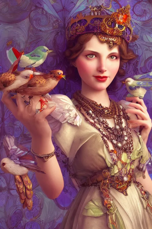 Image similar to face closeup, 3 d render of english princess holding birds, ornaments, background ornaments, mucha vibe, dieselpunk, solarpunk, artstation