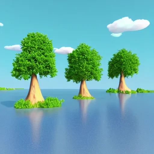 Prompt: collection of 3 d cartoon trees, different sizes, different colours, different heights, river, island terrain, blue sky