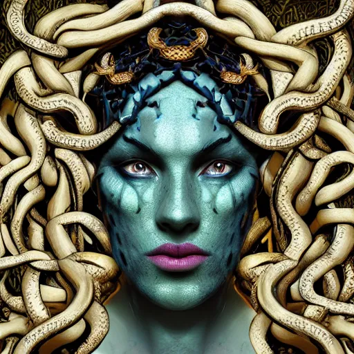 Prompt: dark queen of snakes, crown of vines, blue skin, realism, dark fantasy, surrounded by snakes in a twisted forest, octane render, artstation