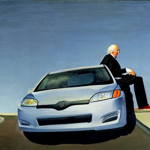 Prompt: larry david climbing on roof of 2009 prius, edward hopper painting, high detail