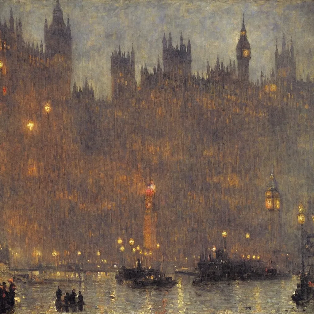 Image similar to the houses of parliament, 1915, gloomy weather highly detailed oil on canvas, by Ilya Repin