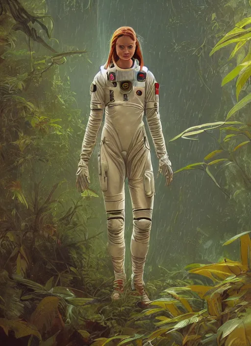 Image similar to a beautiful anatomically correct female sci-fi astronaut exploring a magical rain forest, D&D, fantasy, intricate, cinematic lighting, highly detailed, digital painting, artstation, concept art, smooth, sharp focus, illustration, art by Terry Moore and Greg Rutkowski and Alphonse Mucha