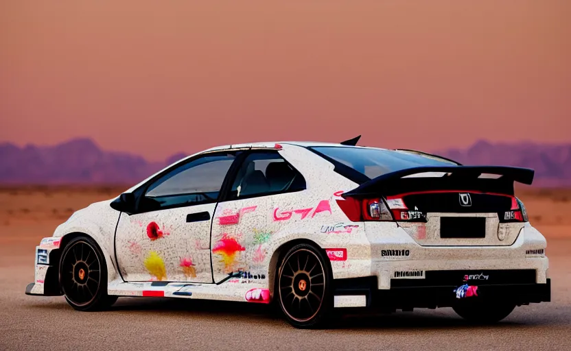 Image similar to photograph of an itasha Honda Civic EK9 Type-R, surrounded by desert with a futuristic city in the horizon, sigma 85mm f/1.4, 4k, depth of field, high resolution, 4k, 8k, hd, full color