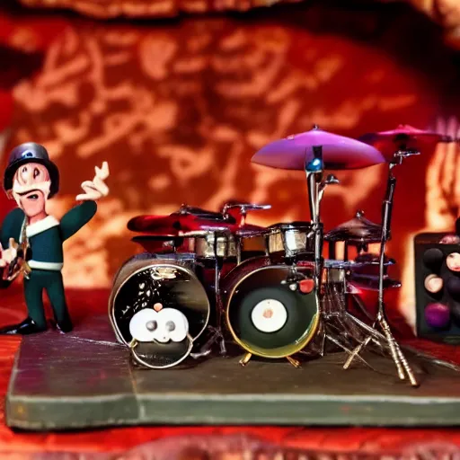 Prompt: aardman claymation scene of rush playing live on stage