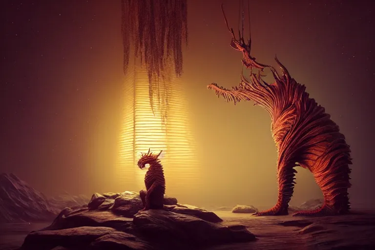 Prompt: creature in a alaska, backlit, warm tones, bioluminescent bioluminescent translucent translucent : : by michal karcz, daniel merriam, victo ngai and guillermo del toro : : ornate, dynamic, particulate, intricate, elegant, highly detailed, centered, artstation, smooth, sharp focus, octane render, 3 d