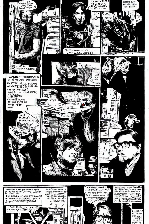 Image similar to microsoft co - founder bill gates presenting the xbox at ces, a page from cyberpunk 2 0 2 0, style of paolo parente, style of mike jackson, adam smasher, johnny silverhand, 1 9 9 0 s comic book style, white background, ink drawing, black and white