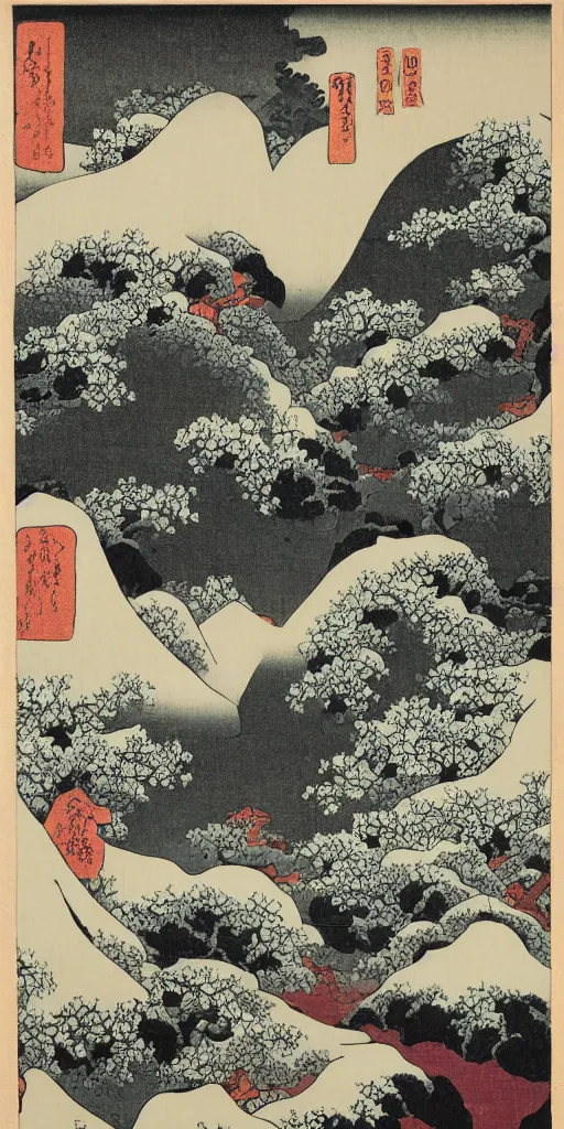 Image similar to hokusai, steps leading up to a temple, japanese style, black ink, a beautiful oil painting of a rocky valley covered in snow trees with red leaves thunderstorm in the sky blue lighting gloomy atmospheric light