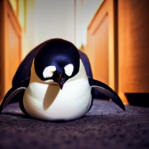 Prompt: scary Penguin hiding under bed, gloomy lighting, dark bedroom, 4k, very realistic