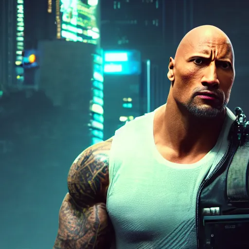 Image similar to dwayne johnson with robotic eye, cyberpunk 2 0 7 7, photorealistic, ultra detailed, neon, octane, bokeh, cinematic lighting, cyber, cyberpunk city, studio quality, feature, scars, cyberface, 8 k