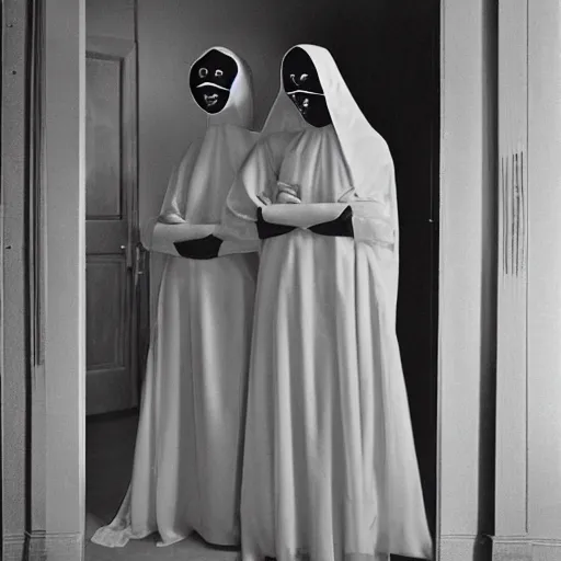 Image similar to phot of 1960’s award winning photo, two Floating twin nuns wearing hoods, buxom chested, blindfolded wearing translucent veils see through dress, Very long arms, bedroom, wood door, eerie, frightening, highly detailed, photorealistic, colorized —width 1024 —height 1024