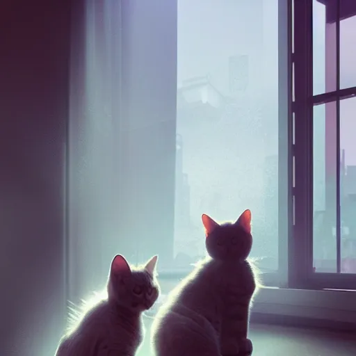 Prompt: Big european shorthair cat and small fluffy kitten, napes, in the apartment room looking to window in a cyberpunk city, soft god rays from city lights outside the window, unreal engine 5, soft neon atmosphere, photorealistic, soothing colors, somber melancholic matte painting, hyperrealism, hyperrealistic, cinematic masterpiece, cyberpunk style 8k ultrahd octane render