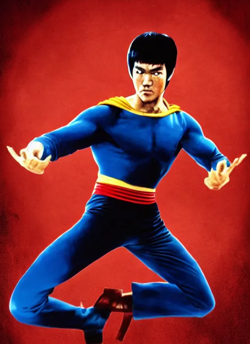 Image similar to Poster Bruce lee fights with superman, , full body, detailed and realistic, 4k, filmic render