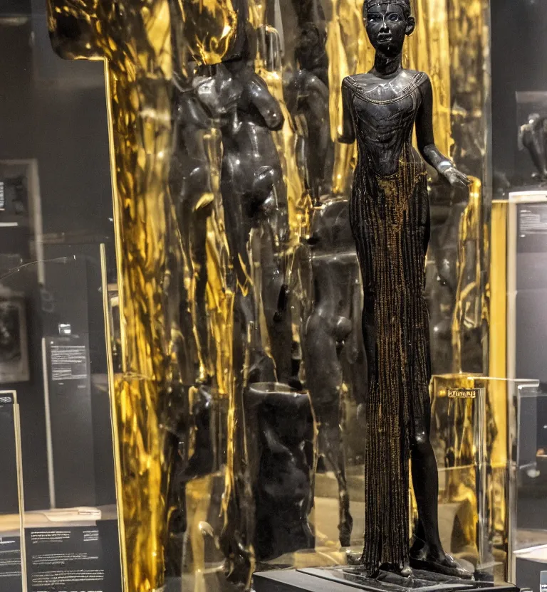 Image similar to a photo at the museum showing a black marble and gold full body sculpture of cleopatra. good quality, good light, anatomically correct, 8 k