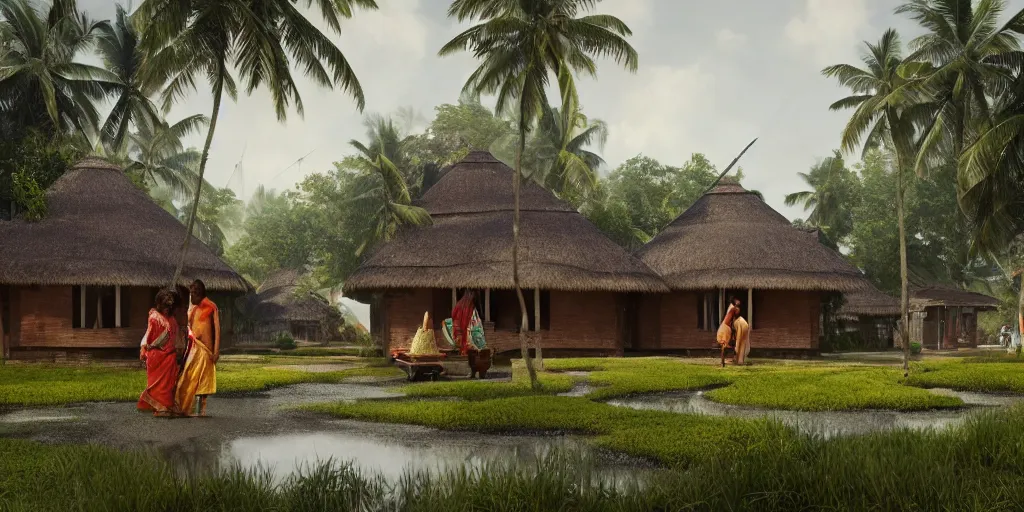 Prompt: kerala village with thatched houses designed by zaha hadid, sharp focus, wide shot, trending on artstation, masterpiece, by greg rutkowski, by ross tran, by fenghua zhong, octane, soft render, ultrarealistic, colorful, cinematic