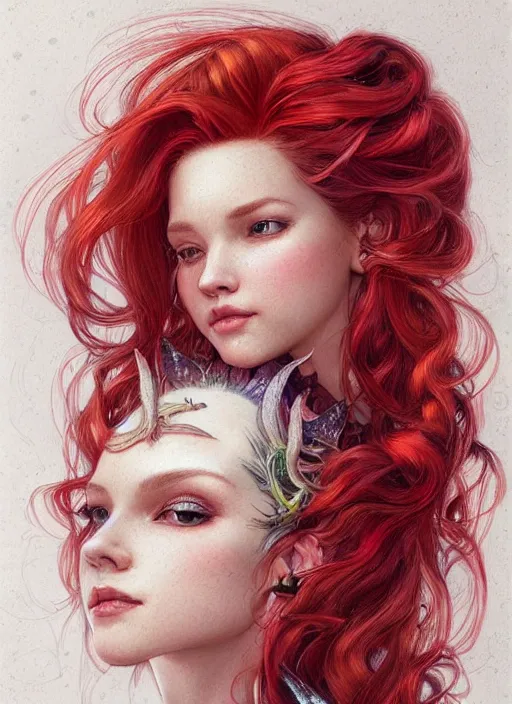 Image similar to beautiful head and shoulders portrait of a fairy mermaid with red hair, casual clothing, intricate, elegant, highly detailed, digital painting, beautiful highly detailed face, artstation, concept art, smooth, sharp, focus, illustration, art by artgerm and greg rutkowski and alphonse mucha