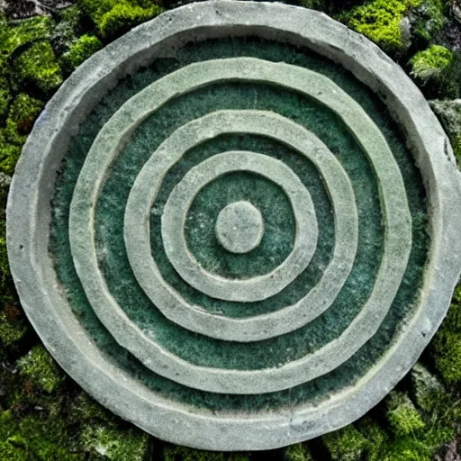 Prompt: a concrete mandala filled with water and overgrown with moss