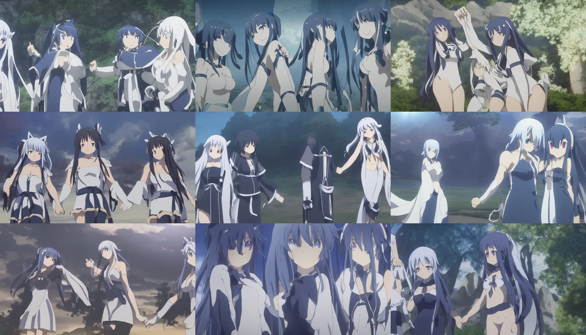 Prompt: Danmachi Hestia holding hands with Bell Cranel at dawn • cinematic anime screenshot by the Studio JC STAFF