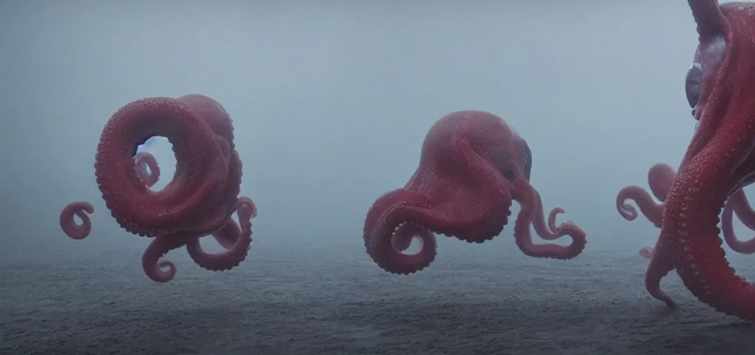 Prompt: an octopus in the shape of a clown, foggy, cinematic shot, photo still from movie by denis villeneuve, wayne barlowe