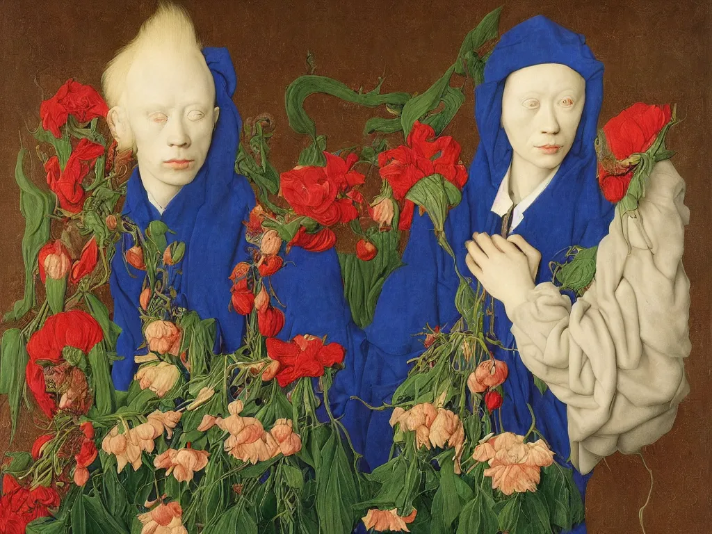 Image similar to Portrait of albino mystic painter with blue eyes, with beautiful exotic melancholy wilted flower. Painting by Jan van Eyck, Audubon, Rene Magritte, Agnes Pelton, Max Ernst, Walton Ford