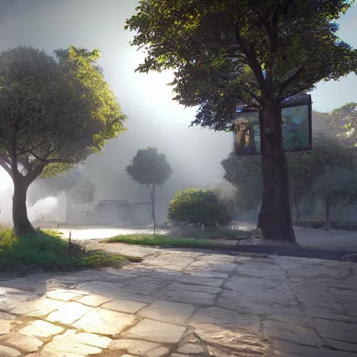 Image similar to long square!!!!, heaven, god rays, ray tracing, unreal engine, hyper realistic, fantastic art, highly detailed