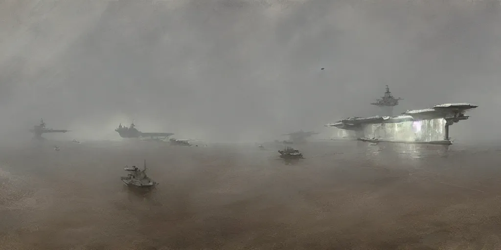 Image similar to on a foggy morning, a huge aircraft carrier was stranded on the beach, by craig mullins