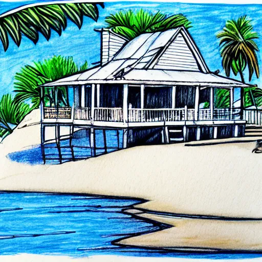 Image similar to imaginative drawing of a beach house, black ink outline, cel - shading, water color