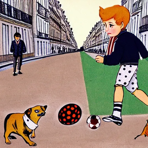 Image similar to book illustration of a french boy on the streets of paris playing football against a corgi, the dog is wearing a polka dot scarf, 1 9 6 6