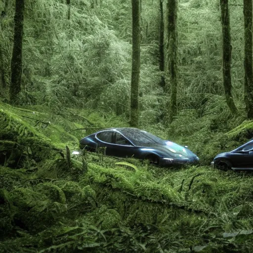 Image similar to A cinematographic 30mm shot of crashed white tesla cars resembling skeletons of whales outgrown by moss, vines and ferns, submerged in a lush and dense forest, dusk light filtering from the trees below. The scene is apocalyptic, eerie but serene, volumetric, 8k, high resolution