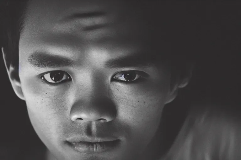 Image similar to closeup potrait of young filipino man looking defeated in front of his computer, amsterdam, dark room, screen light, sharp, detailed face, magazine, press, photo, Steve McCurry, David Lazar, Canon, Nikon, focus