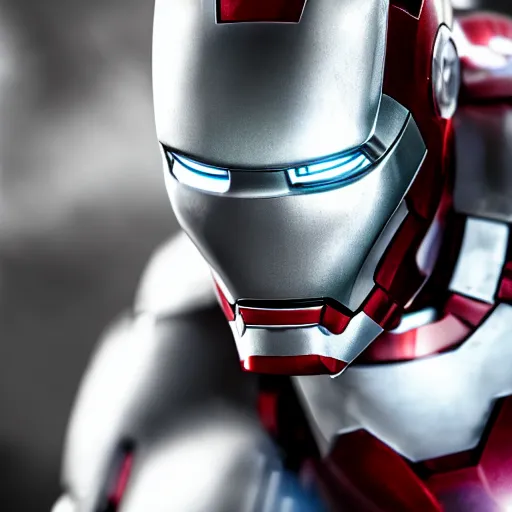 Image similar to close - up ironman in a white armor, shallow depth of field, moody lighting, 8 k,