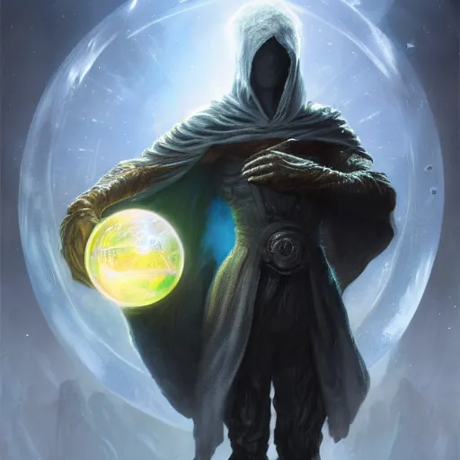 Prompt: male rogue wearing a cloak on an alien world and holding a holographic planet projection in his hand, covered face, detailed, sci - fi, digital painting, artstation, sharp focus, illustration, artgerm, tomasz alen kopera, peter mohrbacher, donato giancola, joseph christian leyendecker, wlop, frank frazetta