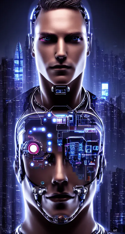 Prompt: cyberpunk man portrait, robotic, metallic, steel, shiny, cyberpunk city background, cosmic, by Anne Stokes, 8K DoP