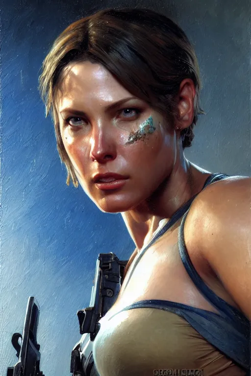 Prompt: muscular sweat, jill valentine as cop, face close up, highly detailed painting by gaston bussiere, craig mullins, j. c. leyendecker 8 k