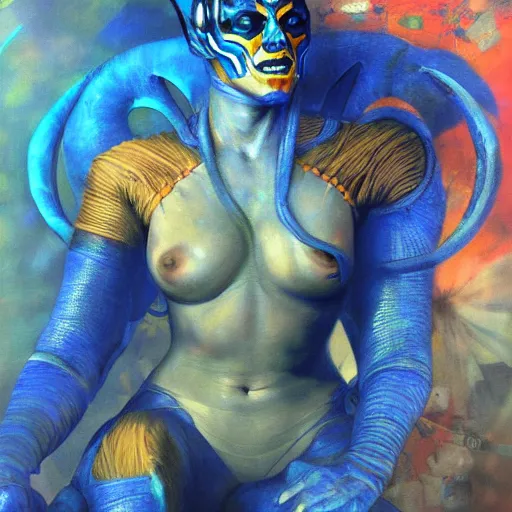 Image similar to hi - tech version of blue demon seated by vrubel, with hi - tech singularity body interface. highly detailed fantasy science fiction painting. rich colors, high contrast. artstation