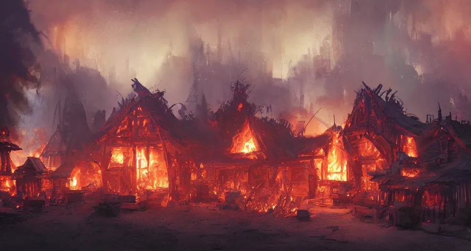 Prompt: book illustration of small burning wooden village. Fire flames everywhere. Atmospheric beautiful by Eddie mendoza and Craig Mullins. volumetric lights