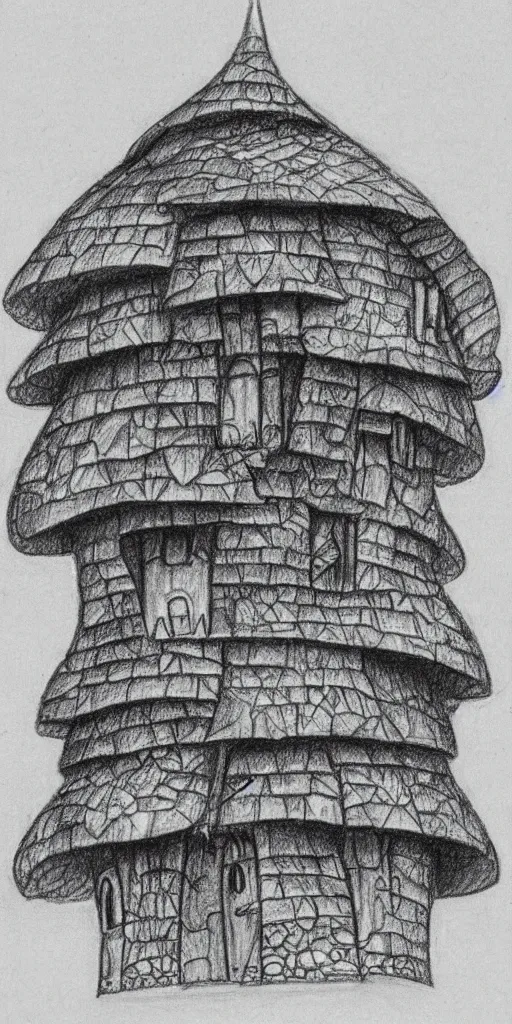 Image similar to pencil drawing of a mushroom house, highly detailed