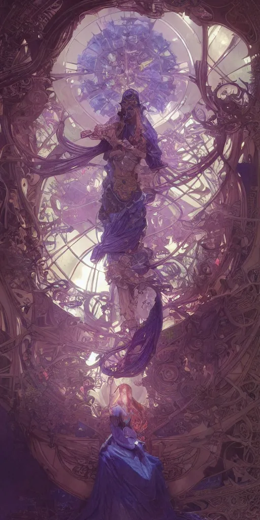 Prompt: a highly detailed digital image of an imagination creation machine, concept art, artstation, cgsociety, very detailed, intricate, detailed illustration, by artgerm and greg rutkowski and alphonse mucha, product lighting, sharp, smooth, masterpiece, purple and blue tones