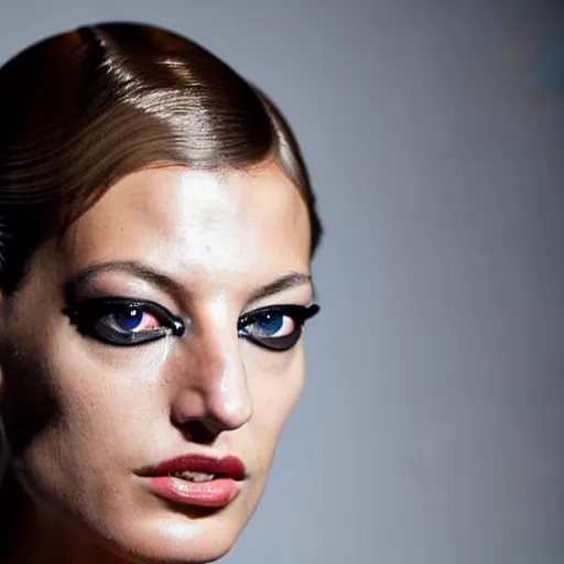 Image similar to a beautiful portrait of young flavia lucini as femme fatale bond villain, highly detailed, in the style of cinematic, getty images, milan fashion week backstage, makeup by pat mcgrath, greg rutkowski