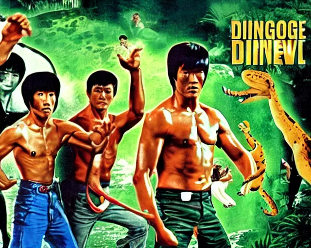 Image similar to bruce lee and steve irwin with dingo and crocodile, waterfall background, epic colorful hyper detailed cinematic still