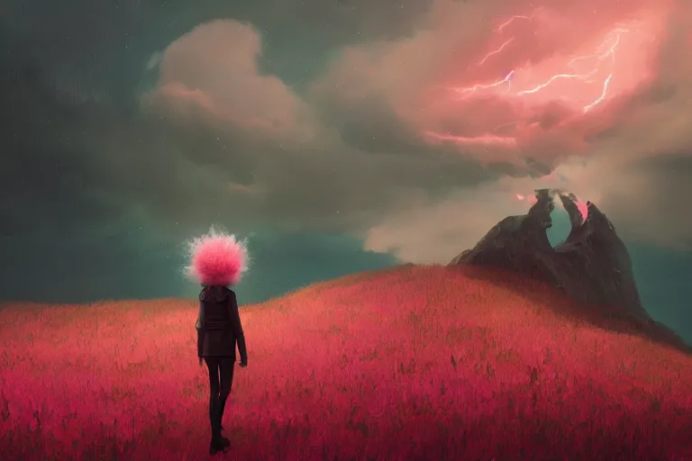 Image similar to giant pink flower as a head, girl standing on mountain, surreal photography, stars, dramatic light, impressionist painting, storm clouds, digital painting, artstation, simon stalenhag