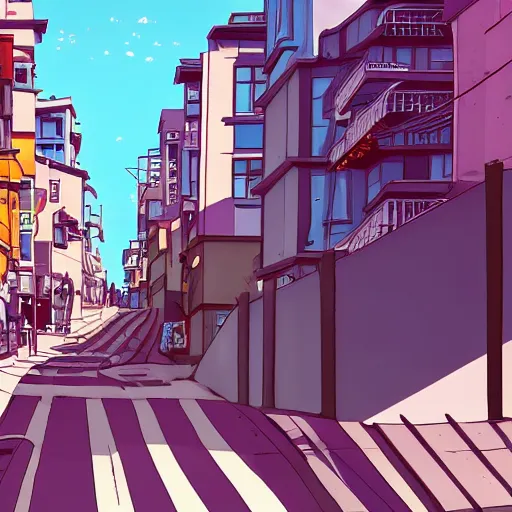 Prompt: city street, sloped street, city on hillside, street scene, colorful buildings, cel - shading, 2 0 0 1 anime, flcl, jet set radio future, golden hour, japanese town, concentrated buildings, japanese neighborhood, construction site, cel - shaded, strong shadows, vivid hues, y 2 k aesthetic