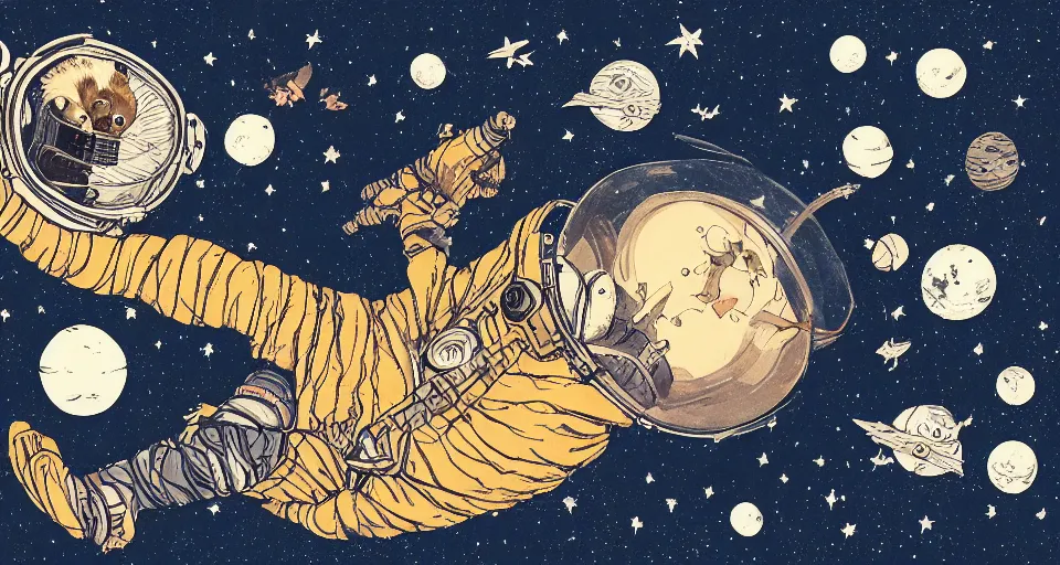 Image similar to guineapigs flying in space suits, deep dark universe, twinkling and spiral nubela, warmhole, beautiful stars, 4 k, 8 k, by hokusai, samurai man vagabond, the samurai holds chains, detailed, editorial illustration, matte print, concept art, ink style, sketch, digital 2 d